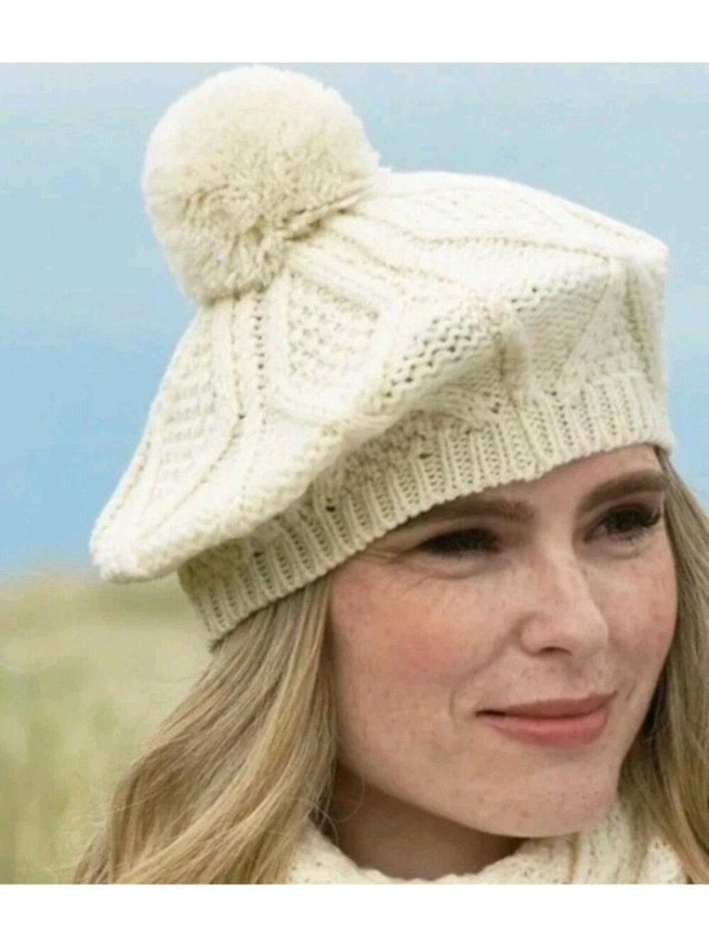 John Molloy Donegal Ireland Cream Beige Virgin Wool Hand Knit Tam Beret Hat
